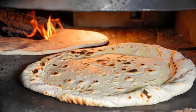 A tandoori naan being freshly prepared and pulled out of the clay oven, Generative, AI
