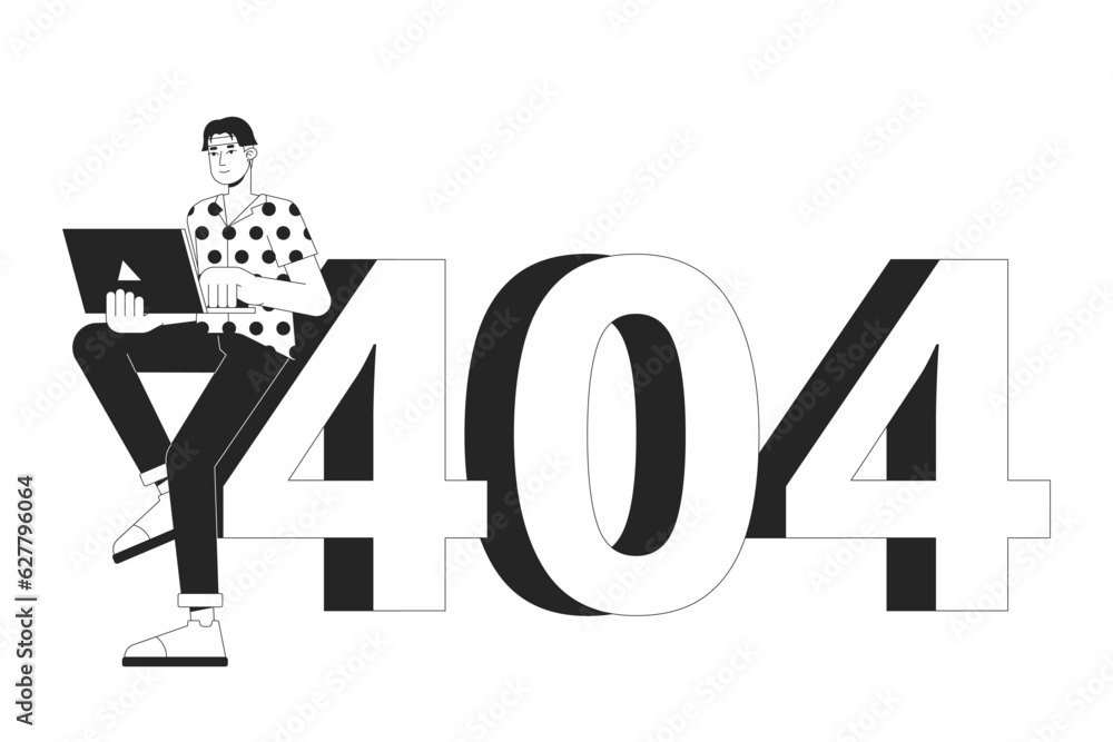 Poster busy asian man working on laptop black white error 404 flash message. remote work. monochrome empty 
