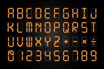 Digital display font. Orange lighting letters, numbers and signs isolated on black background, electronic clocks or neon typeface collection, glowing english alphabet. Eps 10 vector illustration.
