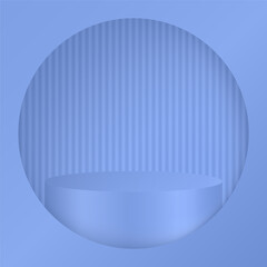 3d mockup of a cylindrical podium or pedestal for a product. Blue display stage. Violet background with thin lines. Cylinder showing through a round window