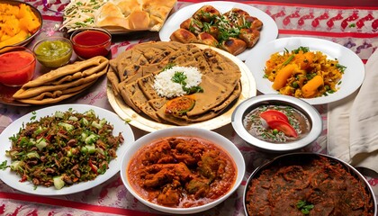 A traditional dastarkhwan (tablecloth) laid out with various dishes, showcasing the diversity of Pakistani cuisine, Generative AI