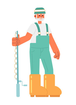 Senior fisher holding fishing rod flat concept vector spot illustration. Hobby activity 2D cartoon character on white for web UI design. Isolated editable creative hero image