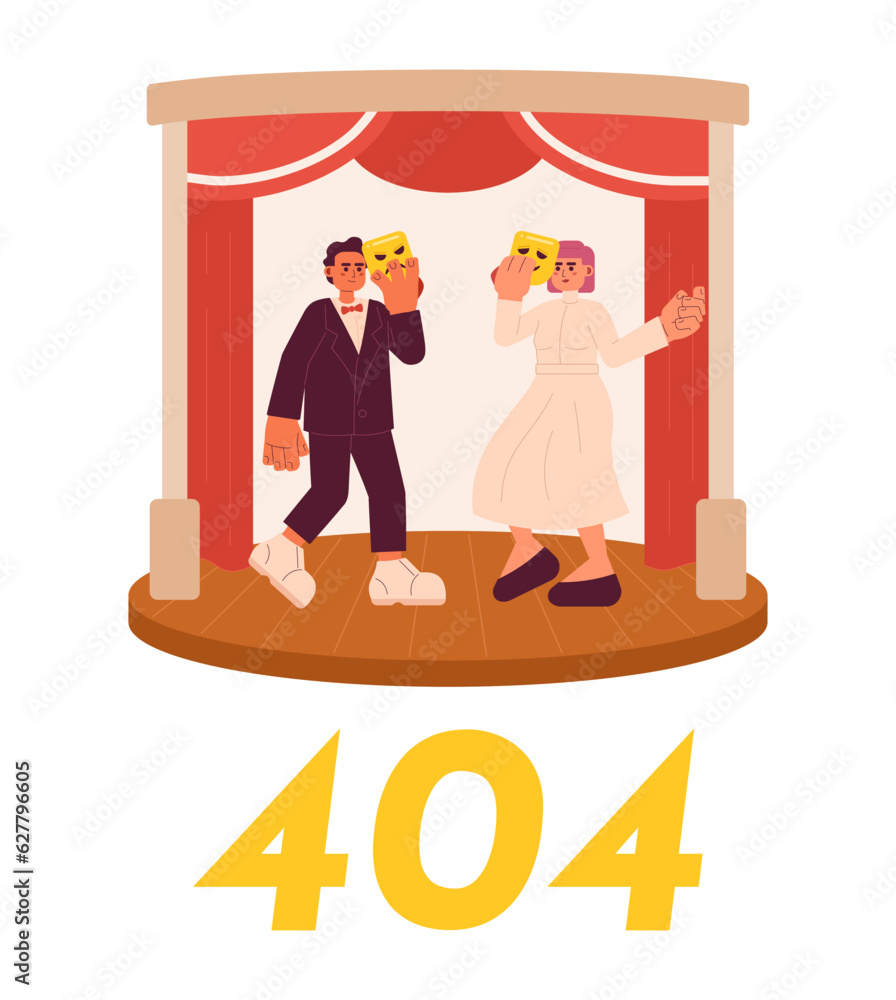 Poster actors on stage error 404 flash message. dancing, acting with comedy and tragedy mask. empty state u