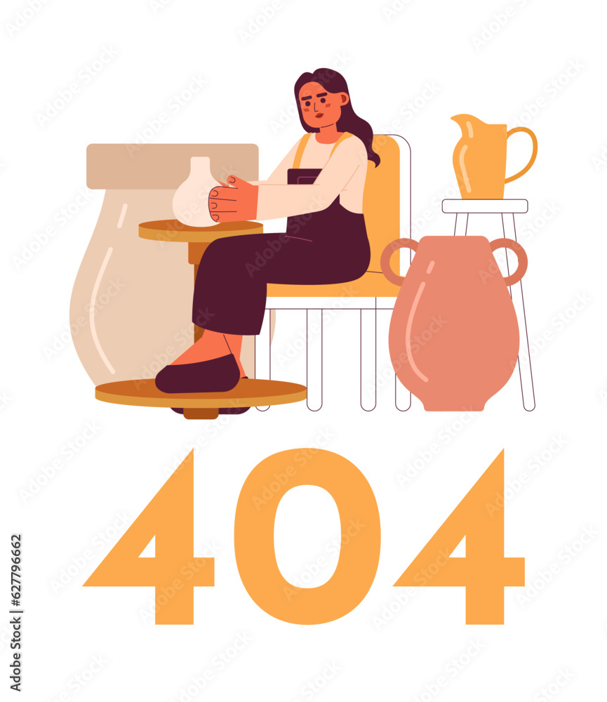 Poster woman in pottery workshop error 404 flash message. creating ceramic pot. empty state ui design. page