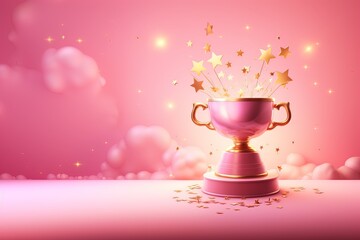 Generative AI, Winner trophy with flames, pink golden champion cup with falling confetti on pink background.
