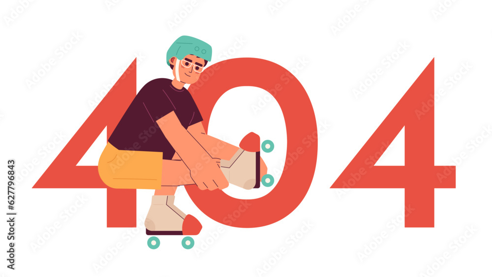Poster happy boy on roller skating error 404 flash message. summer activity. hobby. empty state ui design. 