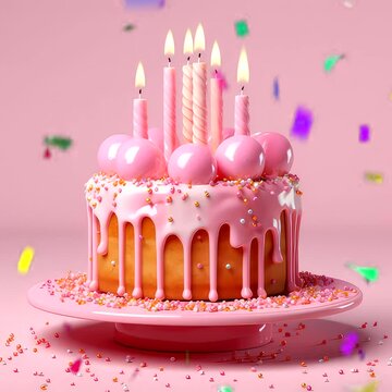 happy birthday cake with candles pink color theme video footage  view background looping scenery 4k quality. 