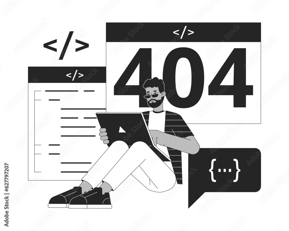Poster developer website create black white error 404 flash message. african american programmer working. m