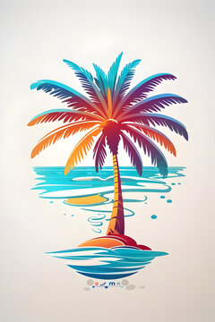 wall poster, graphic logo, illustration Palm Tree sea beach, t-shirt design 