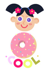 Little cartoon gils head with big pink donut For kids food stickes and designsKindergarten element