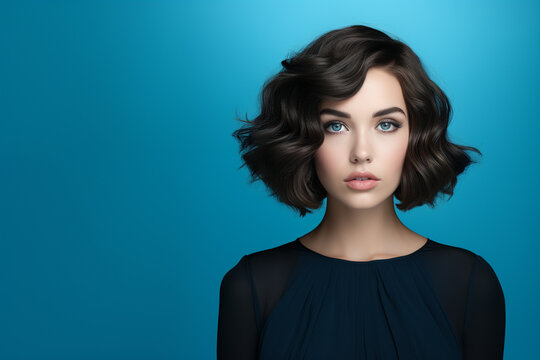 The Young Woman With Brunet Hair On A Solid Blue Background