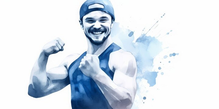 Blue Aquarelle Silhouette of Smiling Young Sportsman Giving Thumbs Up in a Muscle Studio, Representing Determination and Success in Fitness, Training, and Healthy Lifestyle