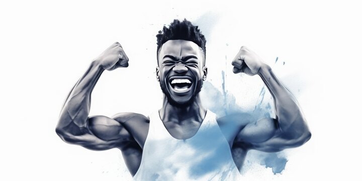Blue Aquarelle Silhouette of Smiling Young Sportsman Giving Thumbs Up in a Muscle Studio, Representing Determination and Success in Fitness, Training, and Healthy Lifestyle
