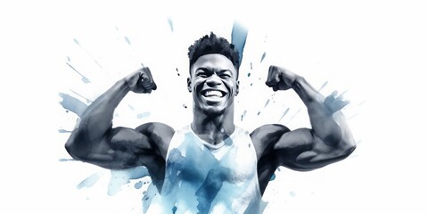 Fototapeta na wymiar Blue Aquarelle Silhouette of Smiling Young Sportsman Giving Thumbs Up in a Muscle Studio, Representing Determination and Success in Fitness, Training, and Healthy Lifestyle