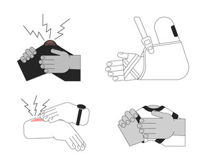 Human traumas flat monochrome isolated vector object. Arm and leg injuries. Editable black and white line art drawing. Simple outline spot illustration for web graphic design