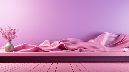 A Pink Satin Cloth Draped over a White Shelf with a Gradient of Pink and Purple in the Background AI Generative