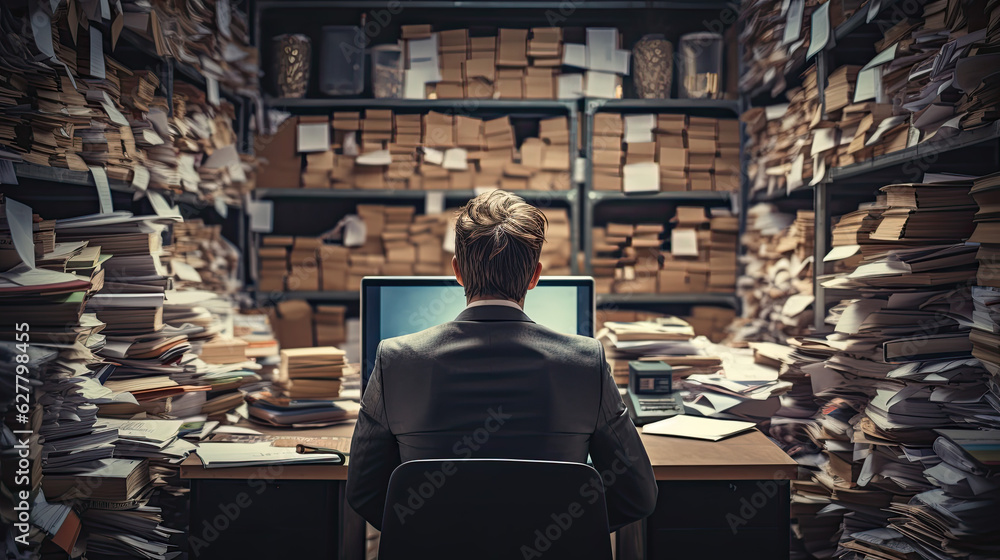 Poster back view of a man in his office which is overflowing with work. Notes and documents are spread all over the walls too. Generative AI