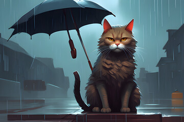 A cat hoiding an umbrella in its hand on a rainy day. Generative AI
