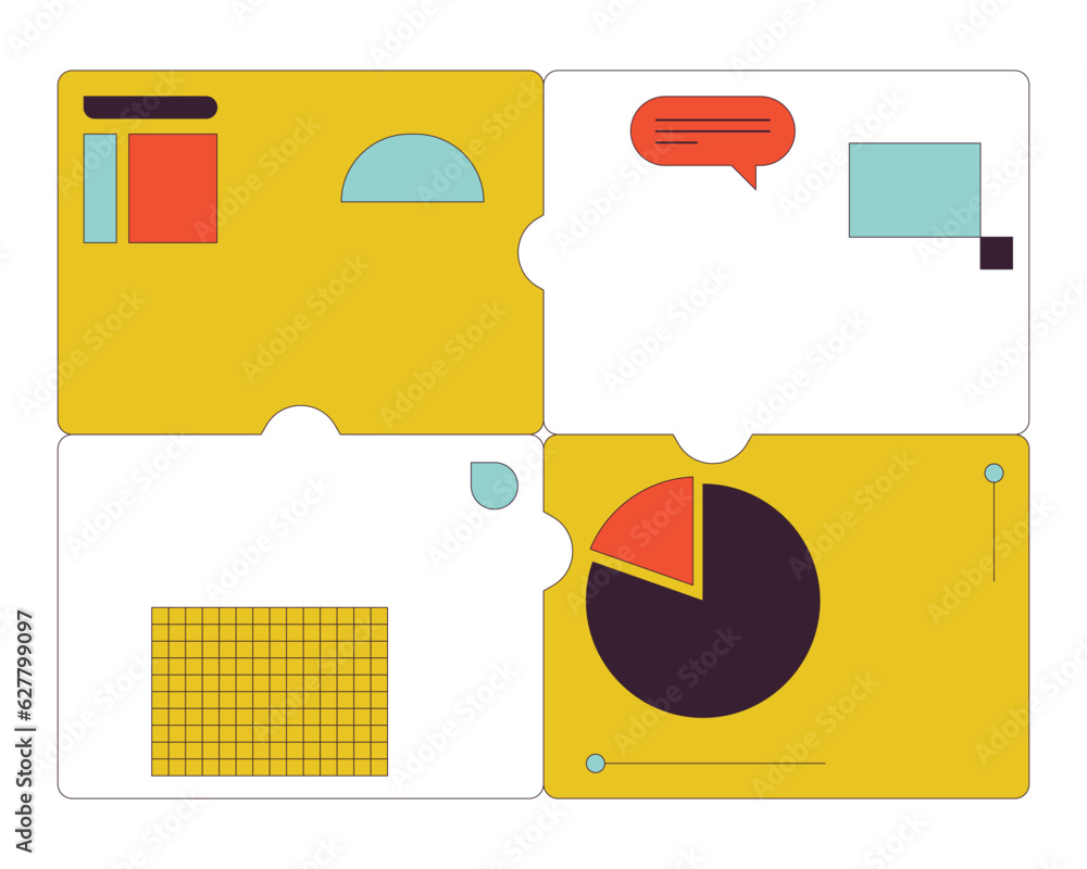 Poster 4 puzzle piece presentation slides flat line color isolated vector object. business data analytics. 