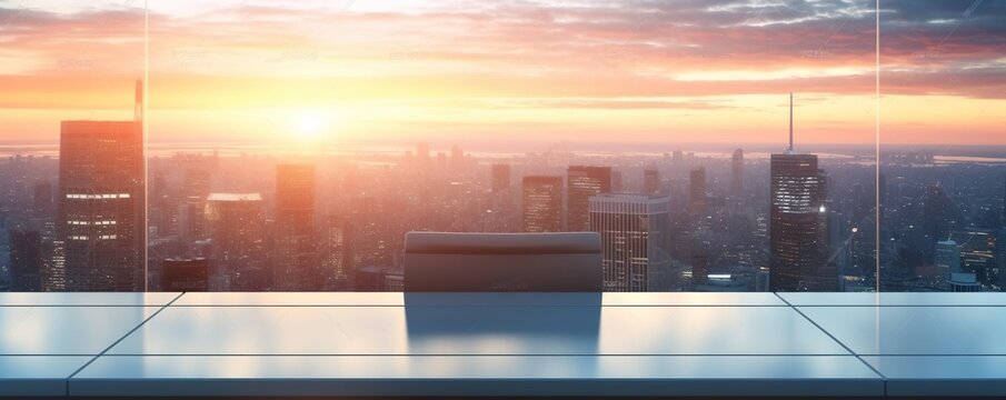 Long empty office desk with city skyscrapers background. Made with Generative AI.