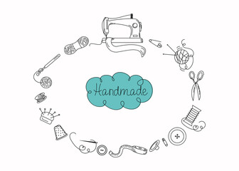 Sewing tools, doodle style. Handmade, Handicrafts set with elements of a sewing machine, threads, needles, dummy, scissors. Vector.	