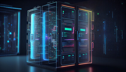 3D render hologram against the background of a supercomputer cluster, concept of information technology data center, Ai generated image