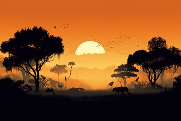 Fototapeta na wymiar Silhouettes of african wild animals at sunset. Evening in African savanna. Generated AI