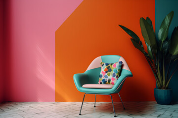 Interior colorful armchair furniture on empty wall mid century living room decor modern fashionistas