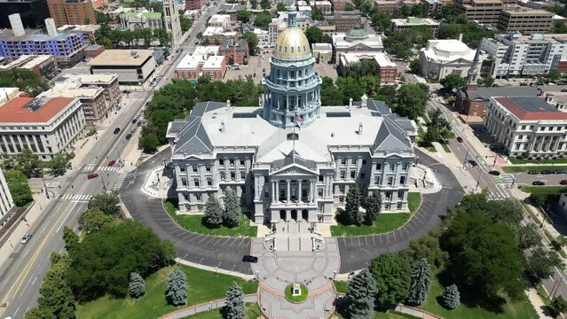 Overhead shot of W Colfax Ave and W 14th Ave from East side of capital building