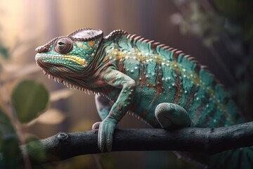 Obraz premium a colorful chamelon sitting on a branch with paint splatters. generative ai