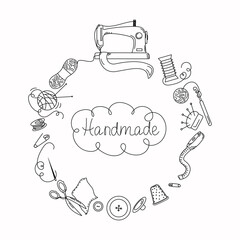 Sewing tools, doodle style. Handmade. Handicrafts set,  elements of a sewing machine, threads, needles, dummy, scissors. Vector  illustration, isolated background.	