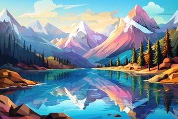 Fototapeta na wymiar Landscape with big shaped mountains and blue large clean lake, colorful wallpaper.