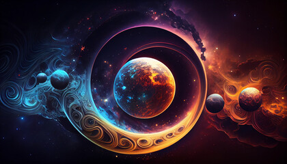 Obraz na płótnie Canvas A swirling design with planets in the background and stars in the sky above it, Ai generated image