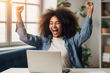 Excited happy african american woman feeling winner rejoicing online win got new job opportunity, overjoyed motivated mixed race girl student receive good test results on laptop celebrating admission - obrazy, fototapety, plakaty