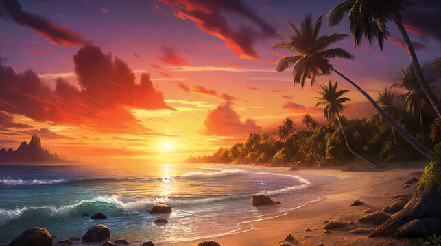 A captivating illustration capturing the mesmerizing beauty of a beach sunset. Generative AI. © Olga Khoroshunova