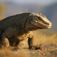 Obraz premium Komodo Dragon, the largest lizard in the world walks at camera with dangerous look. Generated AI