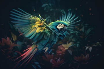 Macaw parrot flying in dark green vegetation. Generated AI