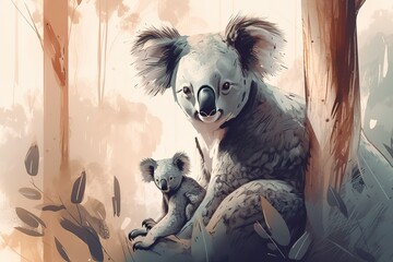 Mother koala with baby on her back on eucalyptus.. Generated AI