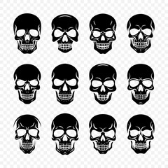 Vector Black Skull Icon Set Isolated. Skulls Collection with Outline in Front View. Hand Drawn Skull Head Design Template