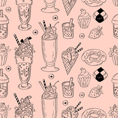 Sweet desserts seamless pattern. Sweet food, creamy dessert, smoothies, donut, cakes, ice cream and strawberry. Vector illustration. Hand drawn for design, print, wallpaper and textile, packaging.
