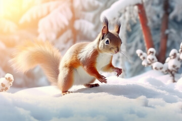 Red squirrel in winter forest in snowfall. Beautiful cinematic light, blurred trees in the background. Generative ai.