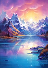Fototapeta na wymiar Landscape with big shaped mountains and blue large clean lake, colorful wallpaper.