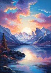 Landscape with big shaped mountains and blue large clean lake, colorful wallpaper.