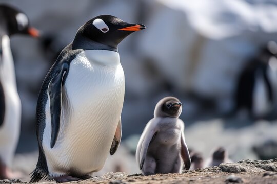 Strongest Gentoo Penguin Cute Funny Baby Chick. Generated AI