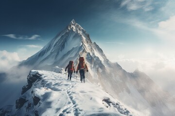 Obraz premium Photograph of people hiking in mountains with fresh snow, Generative AI