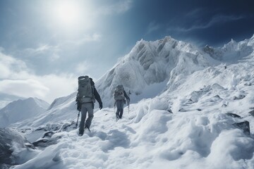 Naklejka na ściany i meble Photograph of people hiking in mountains with fresh snow, Generative AI