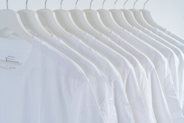 Close-up of white t-shirts on hangers, a collection of white t-shirts hang on a wooden clothes hanger