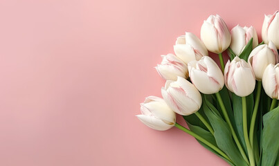 Wallpaper with tulips. Flower on pink background. For banner, postcard, illustration, products display presentation. Created with generative AI tools