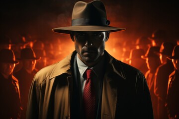 A silhouetted figure in a fedora and trench coat, standing in the shadows, depicting secrecy and intrigue in the world of narcos. Generative AI