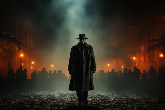 A silhouetted figure in a fedora and trench coat, standing in the shadows, depicting secrecy and intrigue in the world of narcos. Generative AI